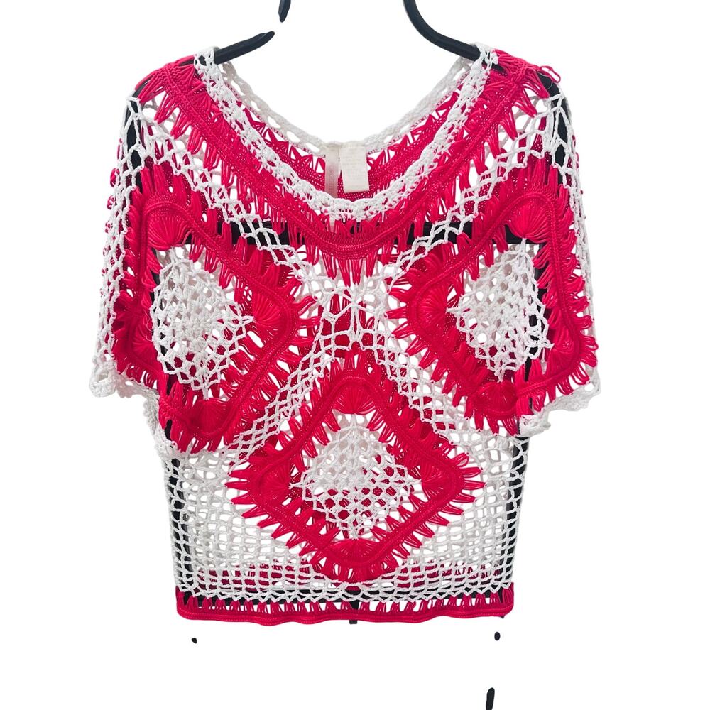 Forgotten Grace Intricate Crochet Top Size M Coral White Geometric Boho Blouse
